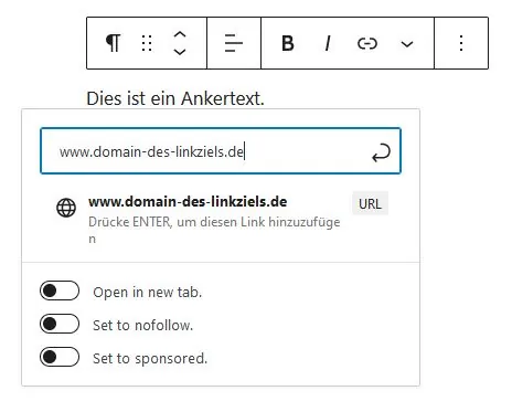 Ziel-URL des Ankertextes eingeben