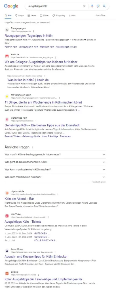 Beispiel einer Suchergebnisliste von Google (Engl.: Search Engine Result Page, kurz: SERP)